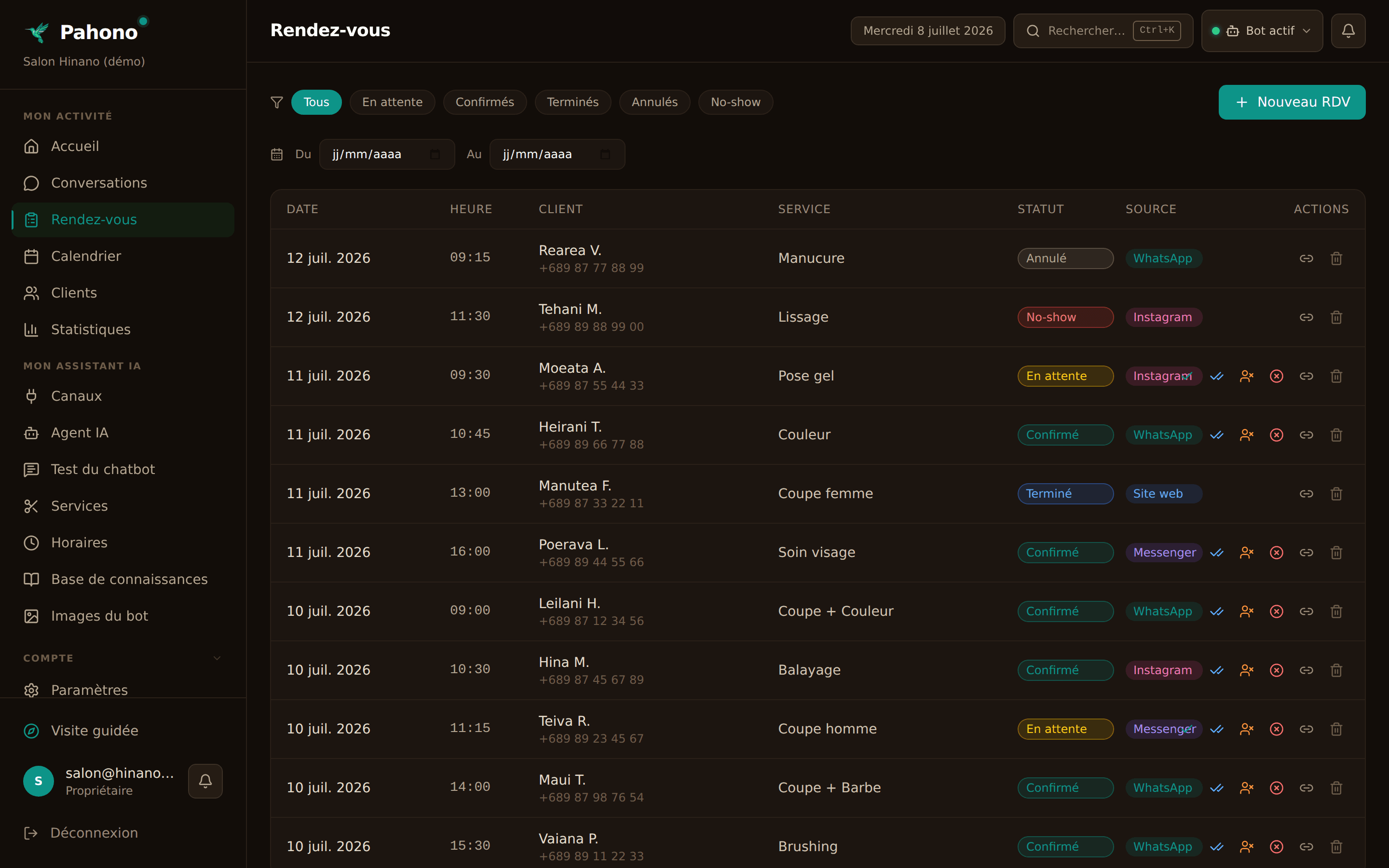 Tableau de bord Pahono — rendez-vous confirmés pris automatiquement